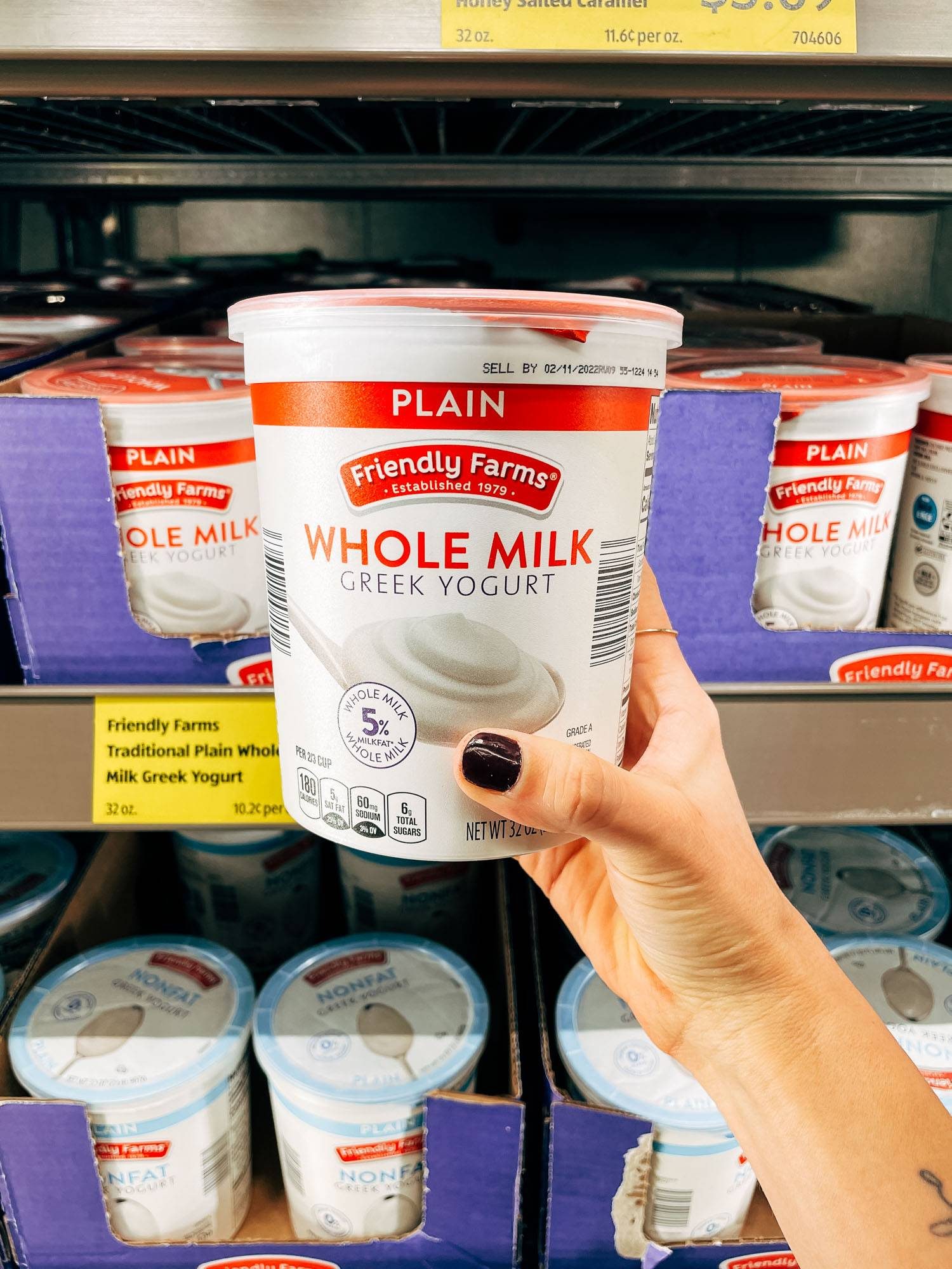 White hand holding a container of whole milk yogurt