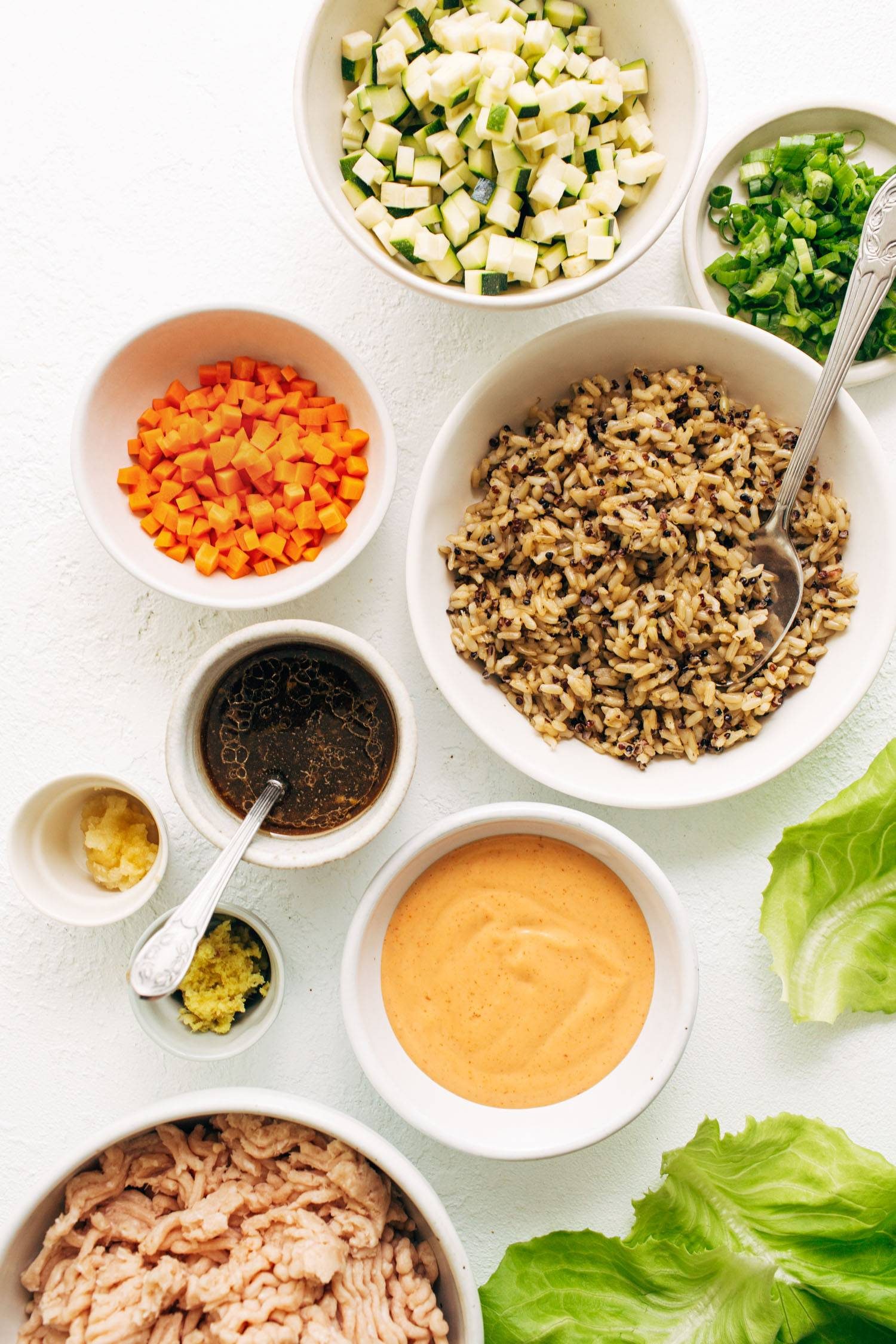 Ingredients in bowls for the recipe.