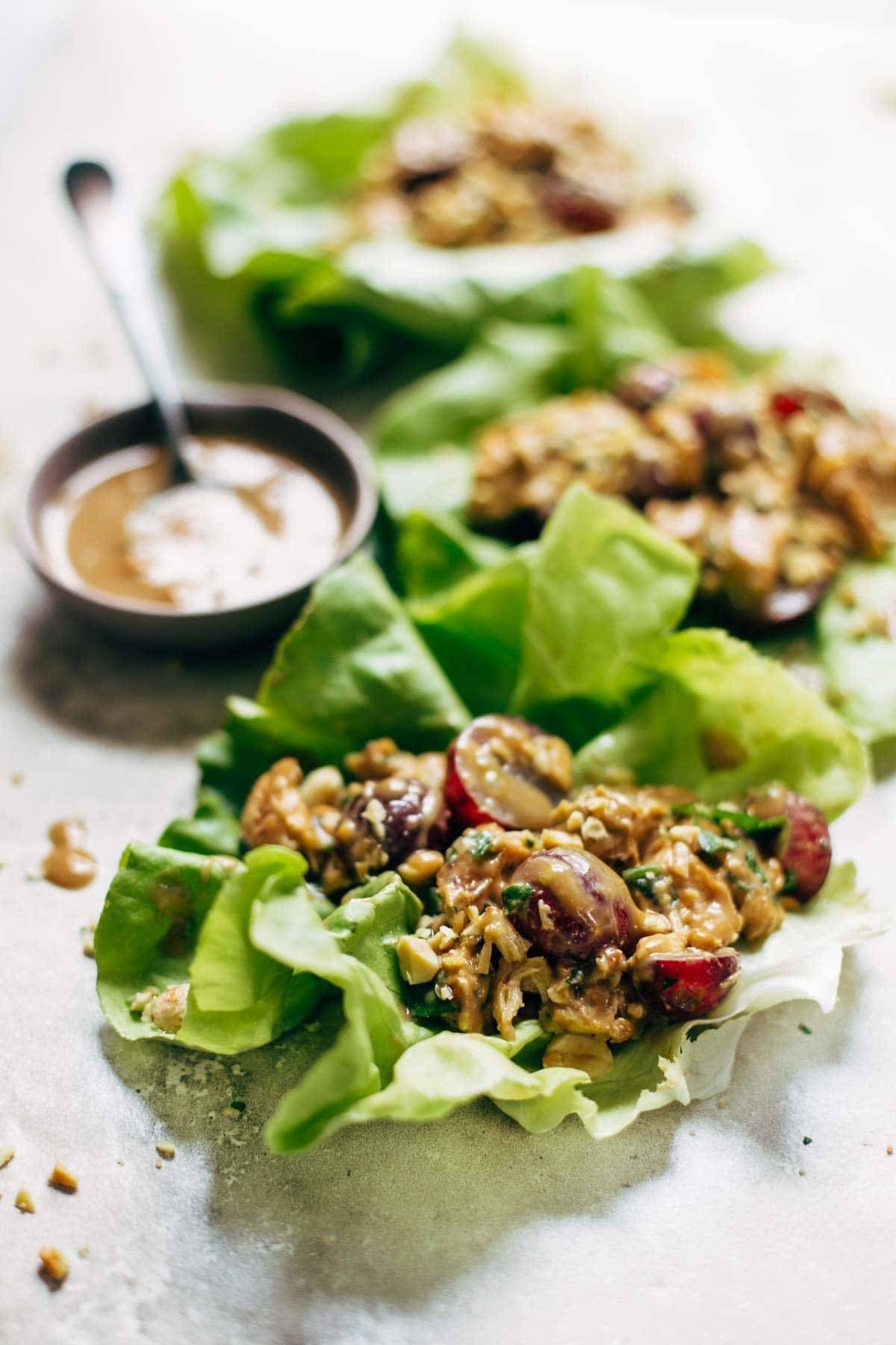 Creamy Miso Peanut Chicken Lettuce Wraps - grilled chicken and juicy grapes tossed with a simple creamy miso-peanut sauce. Super easy and healthy recipe! | pinchofyum.com Creamy Miso Peanut Chicken Lettuce Wraps - grilled chicken and juicy grapes tossed with a simple creamy miso-peanut sauce. Super easy and healthy recipe! | pinchofyum.com