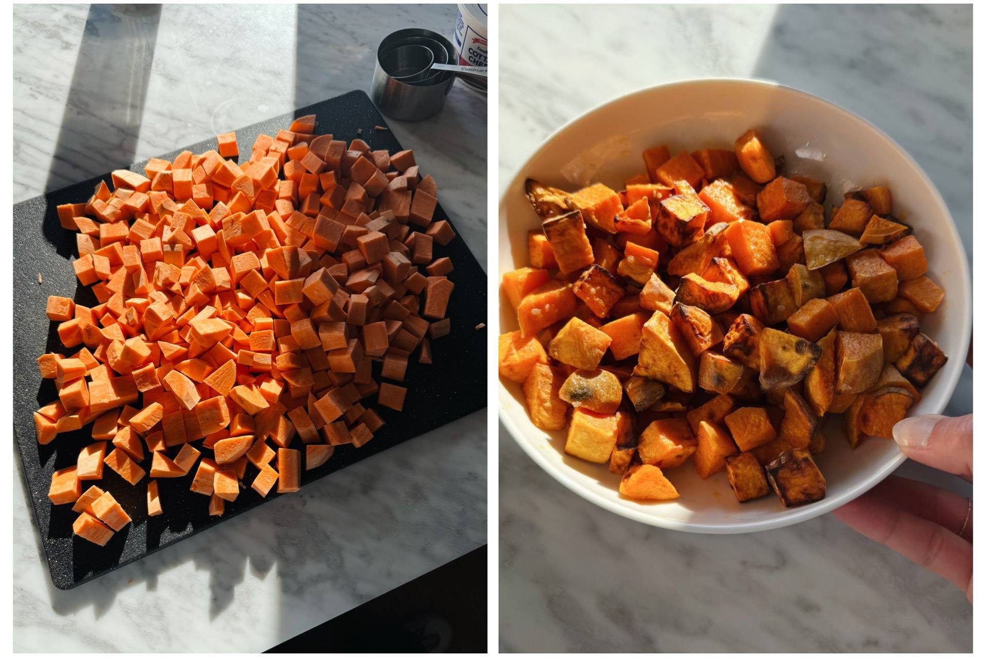Sweet potato chopped and roasted in a bowl.